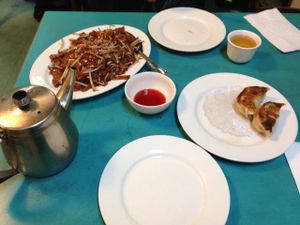 tea, potstickers, chow fun at Lucky Creation Vegetarian in San Francisco