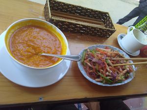pumpkin soup and veg and noodles at Ginger Home in Sapa