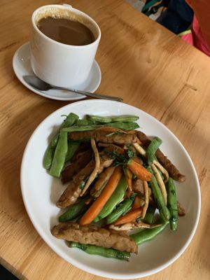 Tempeh stir fry with vegetables & Vietnamese coffee with nut milk at Ginger Home in Sapa