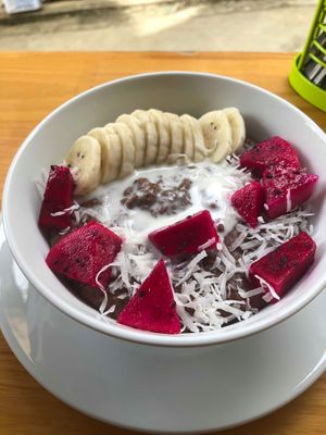 Cacao oat dragonfruit breakfast bowl at Ginger Home in Sapa