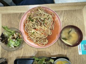 Beef noodles, miso soup, tuna salad set lunch. at Maruyama 丸山精进料理 in Shanghai