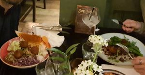 Nourish bowl with falafel and candied veg tart at The Fox in Harpenden