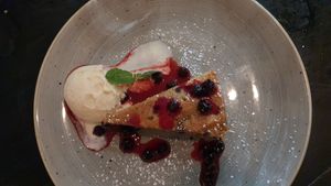Blueberry and lemon polenta cake with vanilla ice cream at The Fox in Harpenden