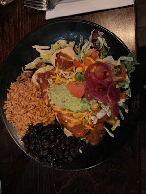 Huge plate with vegan enchiladas, rice & beans at Popocatepetl in Breda