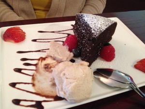 Gluten-free warm chocolate cake with soy ice cream  at Mi Lah Vegetarian in Ambler