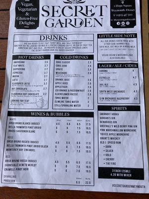 Drinks menu  at The Secret Garden in Dorchester