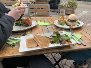 My panini, chickpea burger on the left and bean burger on the right.  at The Secret Garden in Dorchester
