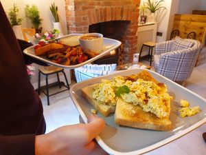 Scrambled tofu on toast and a Vegetarian full English breakfast. at The Secret Garden in Dorchester