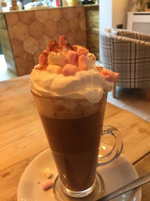 Their vegan hot choc with cream and marshmallows at The Secret Garden in Dorchester