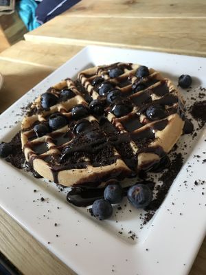 Blueberry and chocolate waffle 💚 at The Secret Garden in Dorchester