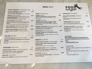 Food menu at Food Factory - Art of Raw in Split