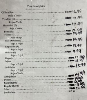 vegan menu and prices  at El Charrito Market in Gilroy