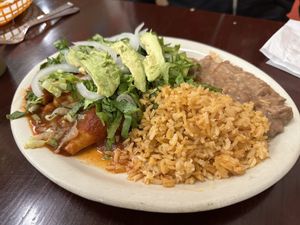 Enchiladas red vegan  at El Charrito Market in Gilroy