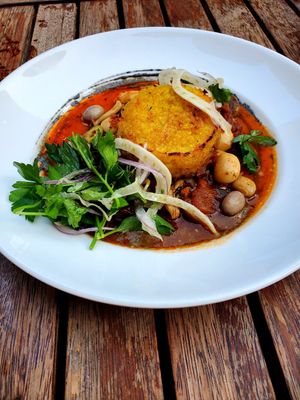 Saffron Lobster Mushroom Risotto Cake (GF) at Millennium in Oakland
