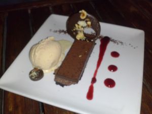 chocolate praline torte at Millennium in Oakland