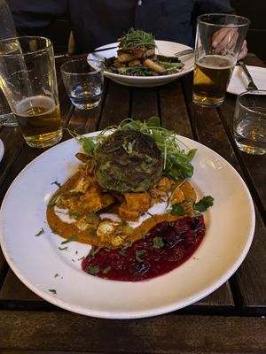 Spinach, Nettle & Potato Tikki with tofu and curry  at Millennium in Oakland