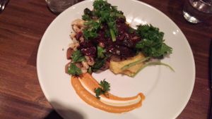 spring 2016: coffee rubbed portobello mushroom, cashew potatoes, brocolli, grilled beans, at Millennium in Oakland