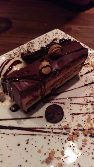 spring 2016: Hazelnut, chocolate, caramel cake with salted caramel ice cream at Millennium in Oakland