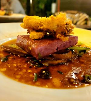 Maitake Karaage (ube scallion cake, kumquat sambal, glazed parsnip) GF at Millennium in Oakland