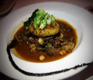 Roasted Corn Masa Cake: pozole rojo with caramelized fennel, pinquito beans, tomato confit and exotic mushrooms, seared kale... at Millennium in Oakland