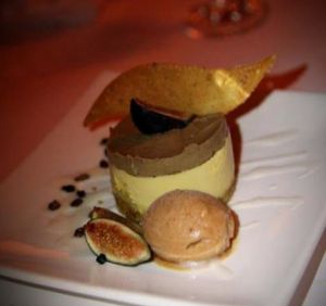 Caramel Torte: mocha cream topping, hazelnut shortbread, fig-coffee gelato, vanilla bean creme anlaise at Millennium in Oakland