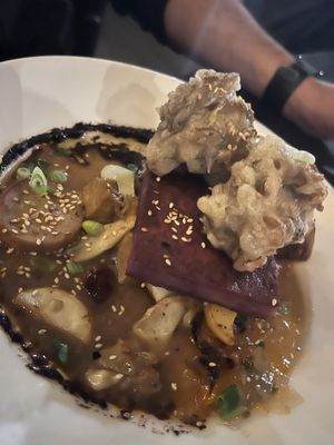 Maitake Karaage w/ Ube Scallion Cake & Smoked Shiitake Dashi  at Millennium in Oakland