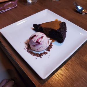 Chocolate Stout cake with Strawberry Creme Ice cream at Millennium in Oakland