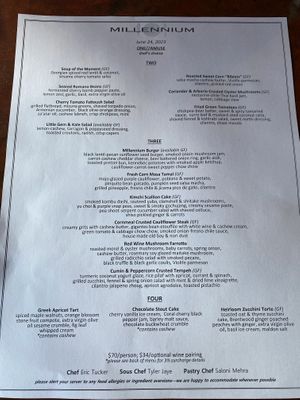 Menu  at Millennium in Oakland