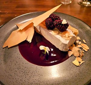 Creme de violette cake at Millennium in Oakland