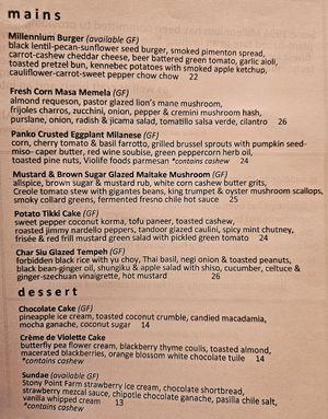 Current menu at Millennium in Oakland