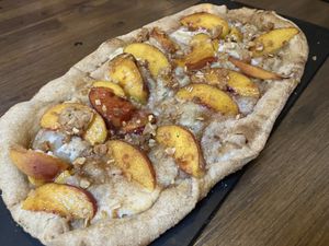 Peach pie pizzaa  at Millennium in Oakland