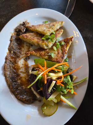 Squash and rice cakes with a eggplant sauce at Millennium in Oakland