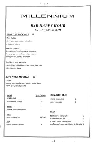 Happy hour drink menu as of 2024-12-26 at Millennium in Oakland