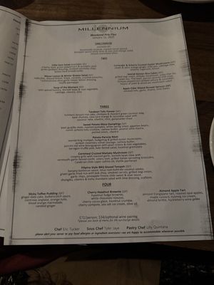 Fun menu. On the weekends it is pre-fixed for four courses  at Millennium in Oakland