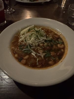 Soup of the moment - Latin spiced hominy, borlotti bean, and root vegetable. Very hearty and filling with good flavor profile.   at Millennium in Oakland