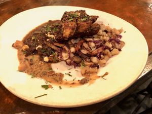 Juniper - Black Pepper Glazed Tempeh :: smoked onion - black lager sauce, seared spaetzle w/ hazelnut butter, caramelized red cabbage, etc. at Millennium in Oakland