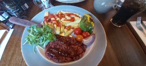Vegan beetroot steak! Description reads it has bbq sauce but mine came dry. However they did have bbq sauce on the table! Very yummy plate. at High Park in Huddersfield
