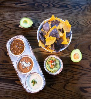 Our chips and dips, with vegan queso at Bang Bang Kitchen in Seattle