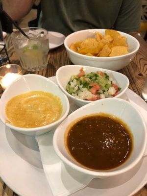 Vegan queso, guacamole, salsa and chips at Bang Bang Kitchen in Seattle
