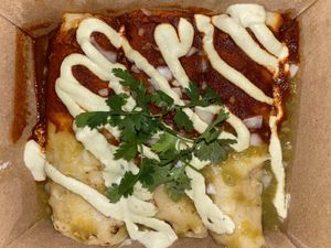 Tofu chorizo vegan enchiladas  at Bang Bang Kitchen in Seattle