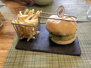 Burger and fries   at Izzy's Market Vegetarian Boutique in Vila Do Bispo
