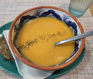 Sweet potatoes soup at Izzy's Market Vegetarian Boutique in Vila Do Bispo