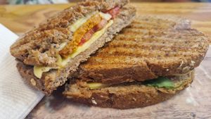 Chirizo sandwich at Izzy's Market Vegetarian Boutique in Vila Do Bispo