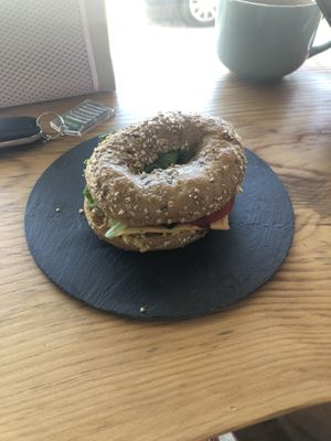 Scrambled tofu egg bagel  at Izzy's Market Vegetarian Boutique in Vila Do Bispo