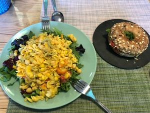 Quinoa pasta salad and bagel at Izzy's Market Vegetarian Boutique in Vila Do Bispo