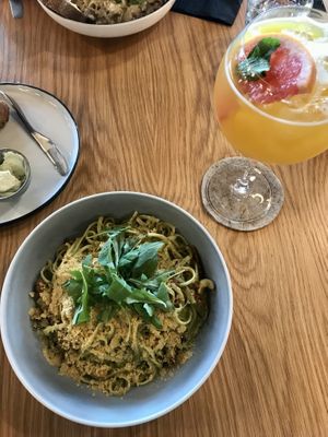 Pesto pasta, passion mocktail   at Literaat in Tallinn