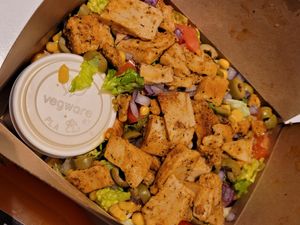 Unmixed pasta salad. The pasta is underneath the yummy bits! at Junkyard in Reykjavik