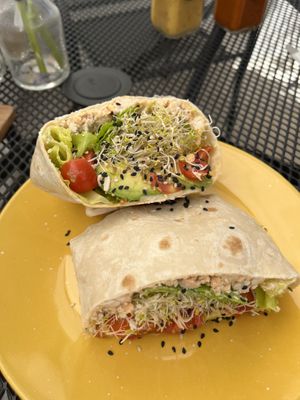 Vegan wrap: hummus, lettuce, sprouts, tomato, avocado, vegan cheese.  at Yah-Yah in Sayulita