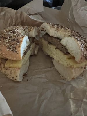 Vegan egg and sausage breakfast sandwich on an everything bagel 🥯   at Bagel Time Cafe in Wildwood
