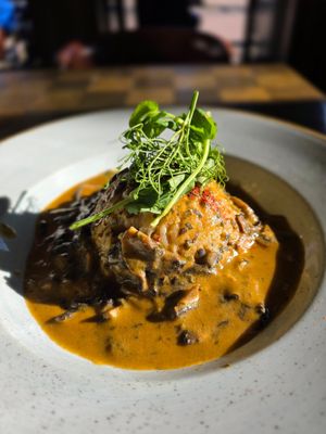 Mushroom Stroganoff. I was expecting noodles but this was a mound of rice. The flavor of the mushrooms and sauce was great though. at Garvie & Co in Milngavie